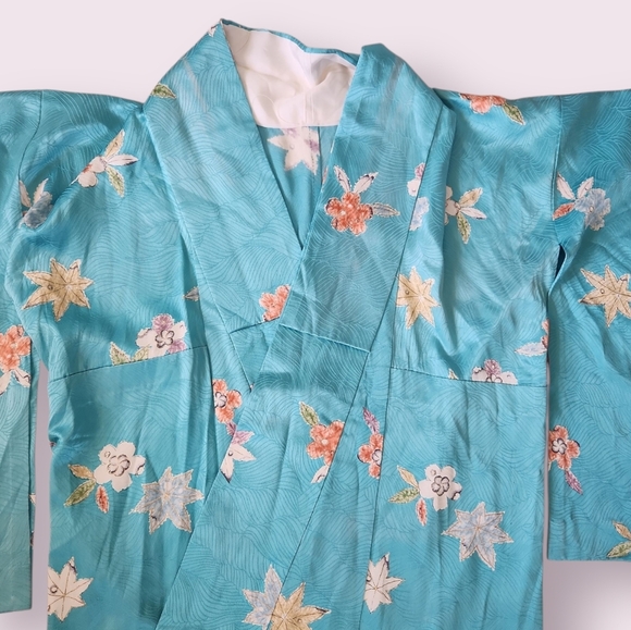 Vintage Japanese Kimono Turquoise Botanical Leaves Blue - Picture 3 of 11